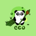 Cute cartoon panda drawing with brush near bamboo. Funny character for your design. Green. Panda protect concept. Ecology Royalty Free Stock Photo